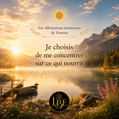 Je choisis de me concentrer sur ce qui nourrit ma paix intérieure Affirmation lumineuse sur la paix intérieure devant un lac de montagne au lever du soleil.