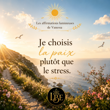 Affirmation lumineuse « Je choisis la paix plutôt que le stress » sur un paysage côtier baigné de lumière, issue de la galerie.