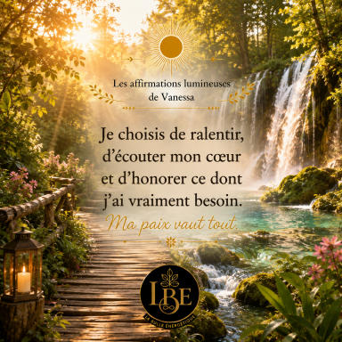 Je choisis de ralentir, d'écouter mon cœur et d'honorer ce dont j'ai vraiment besoin. Ma paix vaut tout. Affirmation lumineuse près d'une cascade en forêt.