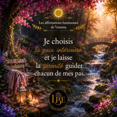 Affirmation lumineuse « Je choisis la paix intérieure et je laisse la sérénité guider chacun de mes pas » sur une forêt féerique.