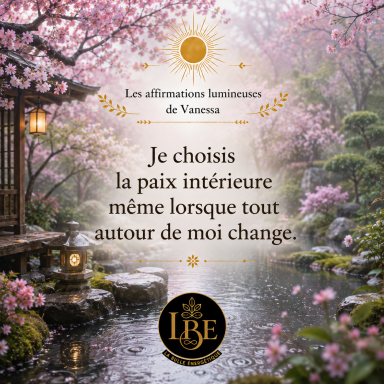 Je choisis la paix intérieure même lorsque tout autour de moi change. Affirmation lumineuse dans un jardin japonais sous une pluie printanière.