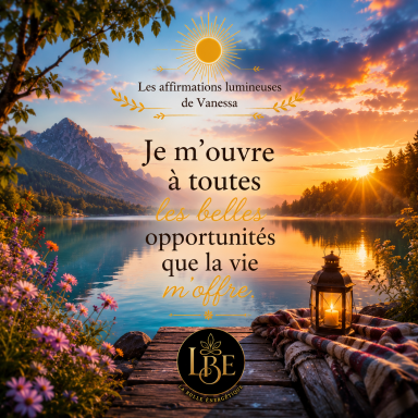 Affirmation lumineuse « Je m'ouvre à toutes les belles opportunités que la vie m'offre » sur un lac paisible au coucher du soleil.