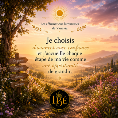 Affirmation lumineuse « Je choisis d'avancer avec confiance et j'accueille chaque étape de ma vie comme une opportunité de grandir ».